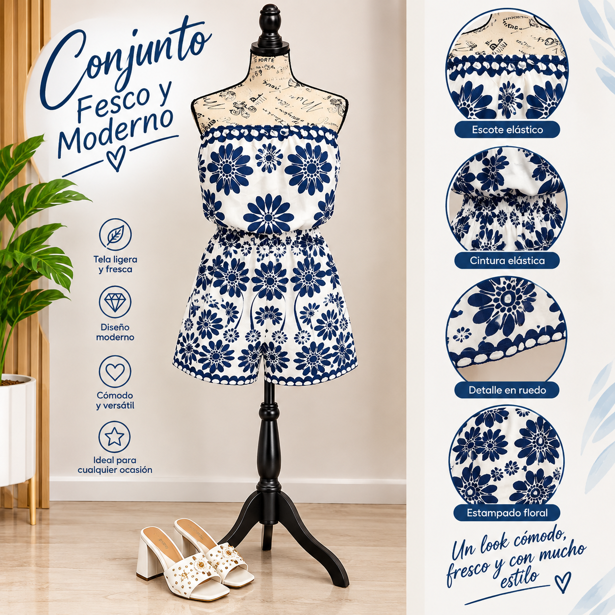 Conjunto fresco de verano floral Enterizo / Romper Corto Strapless con Estampado Floral Azul y Blanco - Image 1