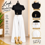 Outfit Elegante: Top de Cuello Alto y Pantalón de Pierna Ancha
