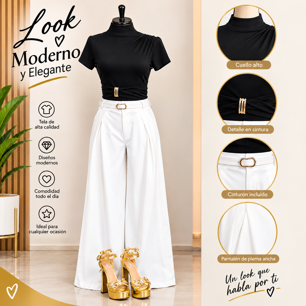 Look moderno y elegante Outfit Elegante: Top de Cuello Alto y Pantalón de Pierna Ancha - Image 1