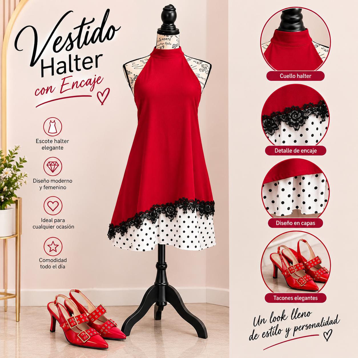 Vestido halter rojo con encaje Vestido Corto Halter Rojo con Detalle de Encaje y Capa de Lunares - Image 1